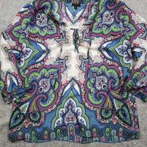 Talbots Top Womens Size 12 Silk Paisley Multicolor Popover Satin Boho Mandala